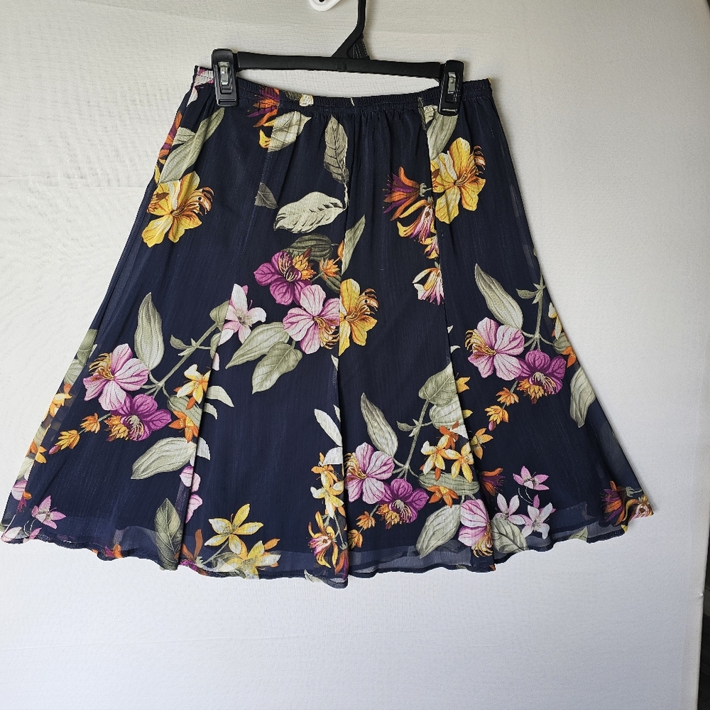 Christopher & Banks Floral Chiffon A-Line Midi Skirt Navy Blue Sz S